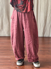 Plus Size Women Spring Casual Solid Loose Elastic Waist Linen Pants