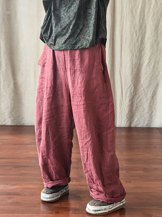 Plus Size Women Spring Casual Solid Loose Elastic Waist Linen Pants