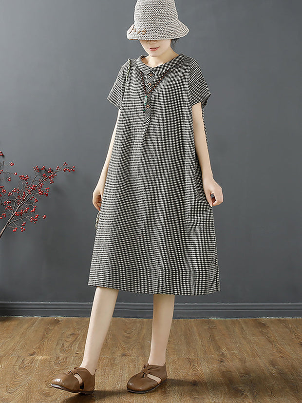 Plus Size Women Summer Retro Lattice Button Polo Collar Loose Dress