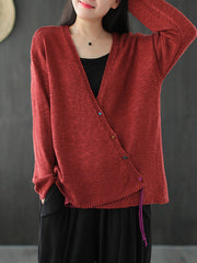 Plus Size - Women Knitted Retro Pure Color V-neck Sweater Coat