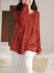 Plus Size Women Summer Solid Vintage Full Sleeve Ramie Shirt