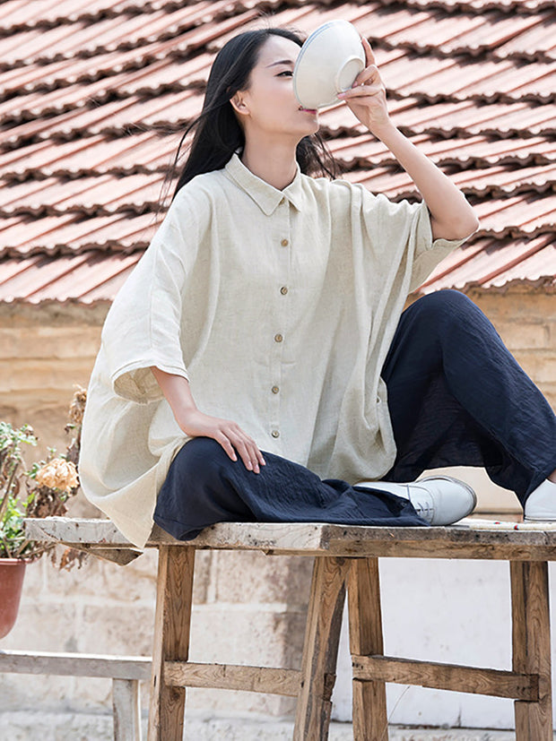 Plus Size Women Spring Solid Linen Loose Shirt