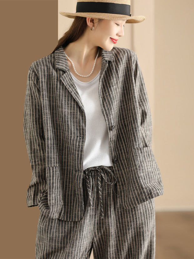 Plus Size Women Vintage Stripe Spring Linen Shirt+Pants