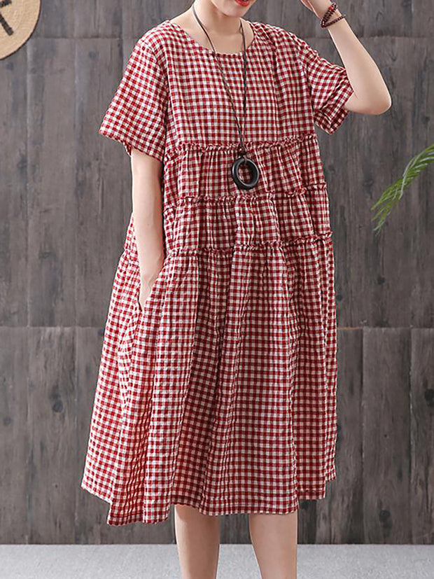 Plus Size 100%Cotton Short Sleeve Plaid Dress