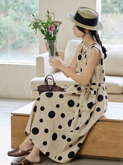 Plus Size Women Summer Casual Dot Drawstring Linen Vest Dress