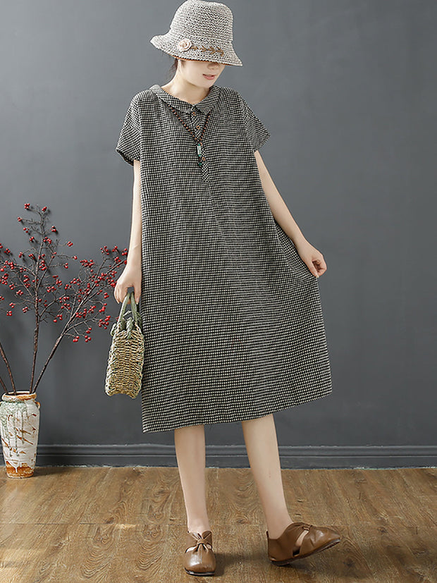 Plus Size Women Summer Retro Lattice Button Polo Collar Loose Dress