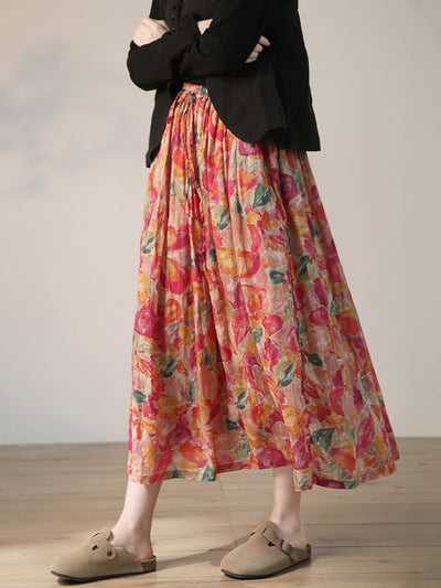 Plus Size Women Summer Artsy Flower Drwastring Ramie Skirt