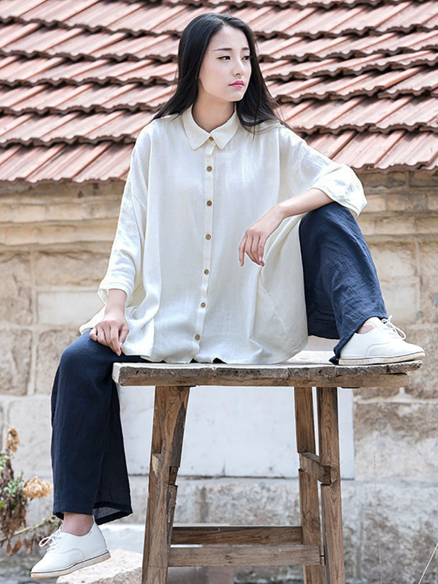 Plus Size Women Spring Solid Linen Loose Shirt