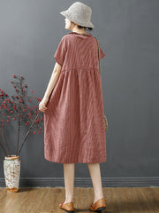 Plus Size Women Summer Retro Lattice Button Polo Collar Loose Dress