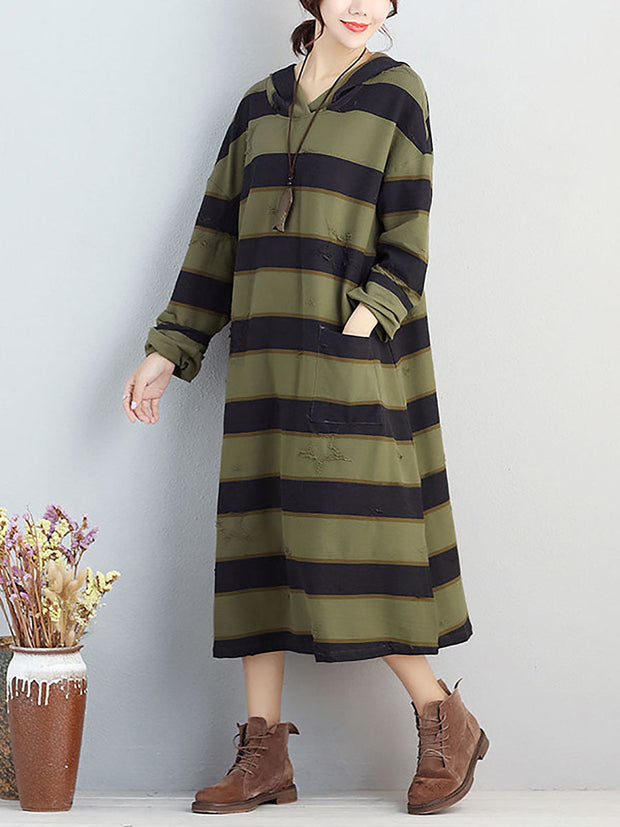 Plus Size Women Autumn Hooded Stripe Distressed Casual Dress