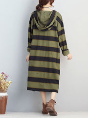 Plus Size Women Autumn Hooded Stripe Distressed Casual Dress