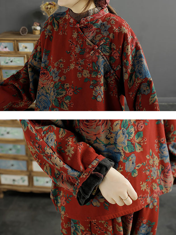 Plus Size Women Ethnic Flower Loose Slanted Shirt