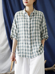 Plus Size Linen Summer Plaid Vintage Women Loose Shirt