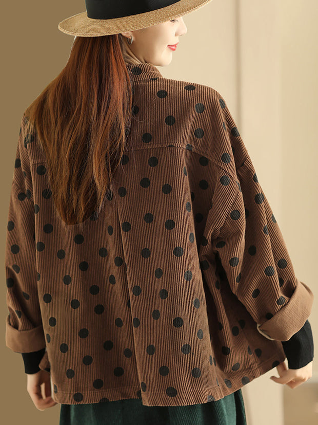 Plus Size Retro Dot Croduroy Stand Collar Shirt Coat