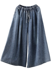 Plus Size Casual Drawstring Blue Denim Wide Leg Pants Jeans