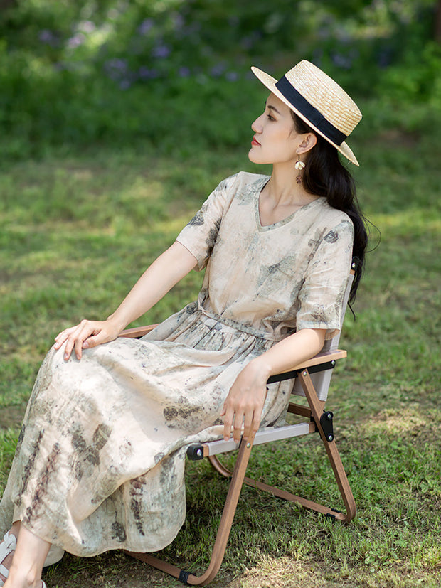 Künstlerisches Ramie-Kleid mit Tintenprint und Kordelzug für Damen in Übergröße