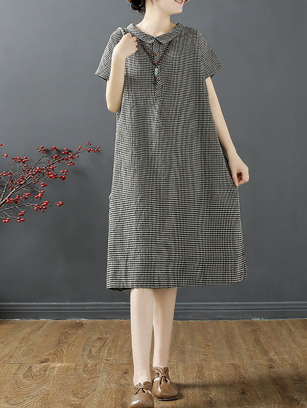 Plus Size Women Summer Retro Lattice Button Polo Collar Loose Dress