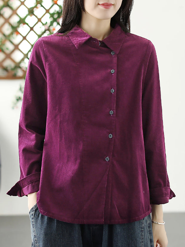 Plus Size Women Autumn Solid Croduroy Cardigan Shirt