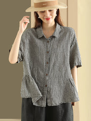 Plus Size Women Summer Casual Plaid Button Cardigan Linen Shirt