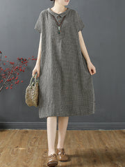 Plus Size Women Summer Retro Lattice Button Polo Collar Loose Dress