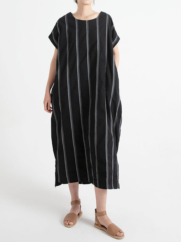 Plus Size Stripe Cotton O Neck Summer Casual Loose Dress