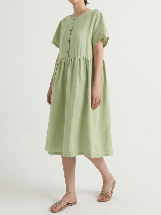 Plus Size Casual Linen Pleated Short Sleeve Loose Dress