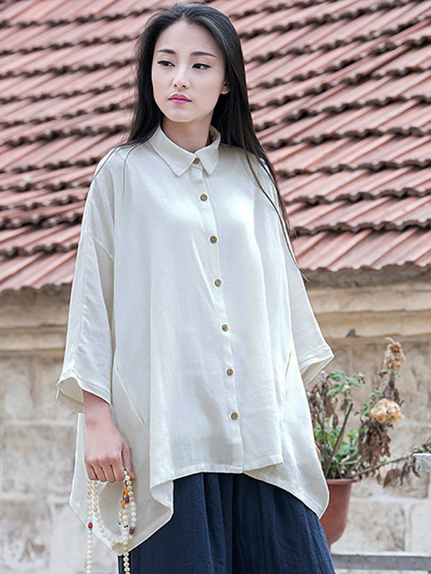 Plus Size Women Spring Solid Linen Loose Shirt