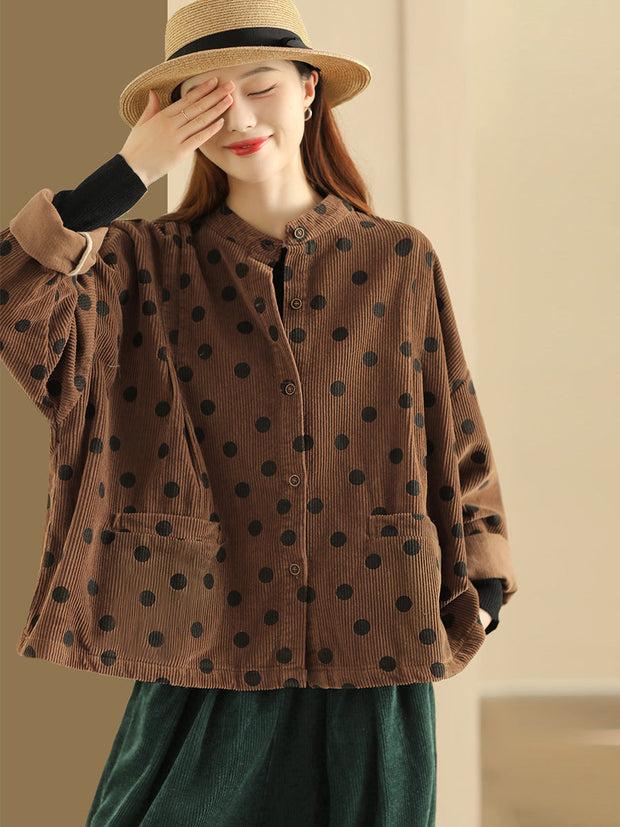 Plus Size Retro Dot Croduroy Stand Collar Shirt Coat