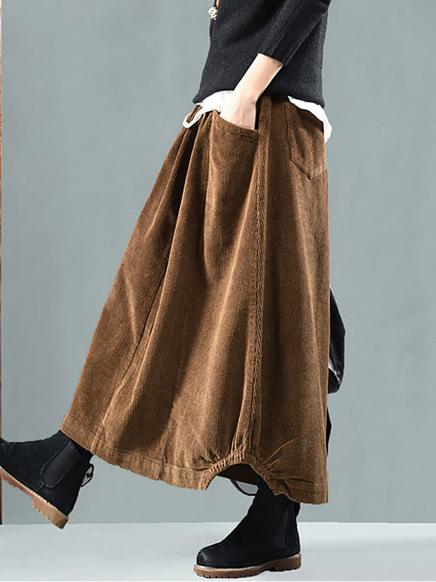 Plus Size Elastic Waist Calf Length Spring Corduroy Skirt