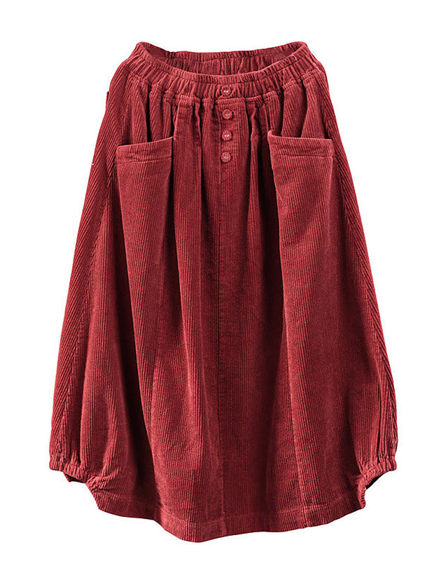 Plus Size Elastic Waist Calf Length Spring Corduroy Skirt