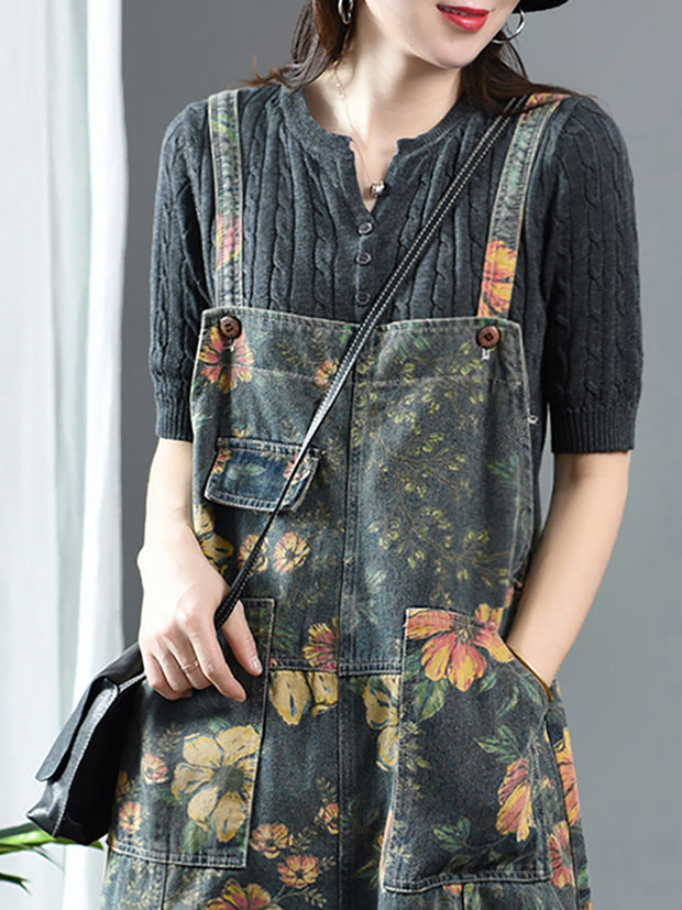 Plus Size - Flower Print Casual Denim Cotton Jumpsuit Dungarees