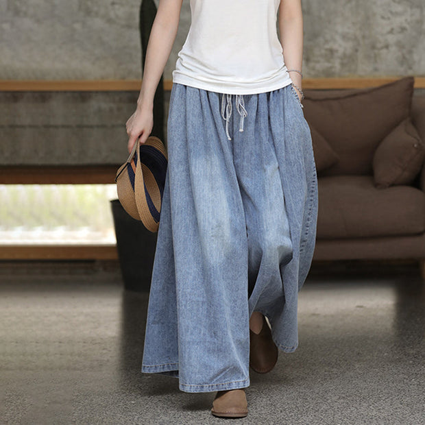 Plus Size Casual Drawstring Blue Denim Wide Leg Pants Jeans