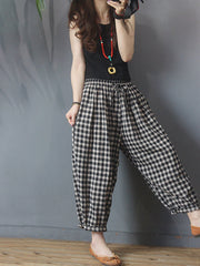 Plus Size - Summer Plaid Drawstring Cotton Linen Harem Pants