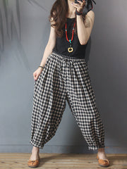 Plus Size - Summer Plaid Drawstring Cotton Linen Harem Pants