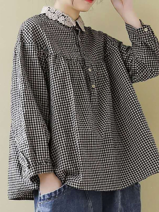 Plus Size Women Loose Breasted Lace Plaid Tops