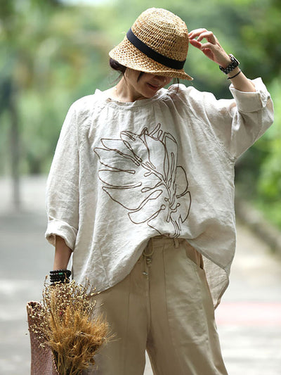 Langärmliges, lockeres Herbst-Leinen-T-Shirt mit Stickerei