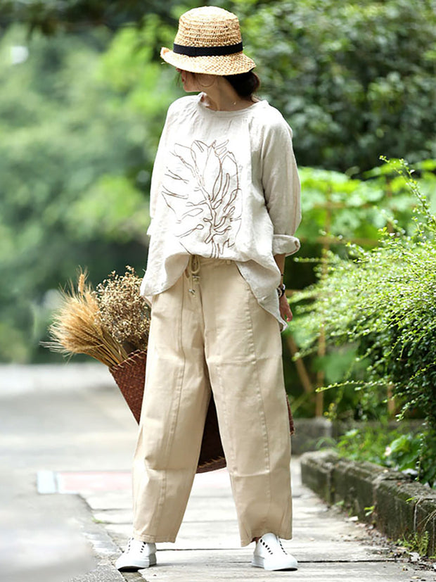 Plus Size - Embroidery Long Sleeves Autumn Loose Linen T-Shirt