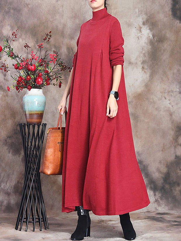 Plus Size Women Artsy Solid Turtleneck Maxi Dress