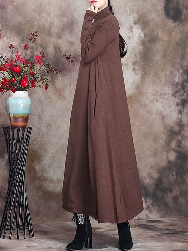 Plus Size Women Artsy Solid Turtleneck Maxi Dress