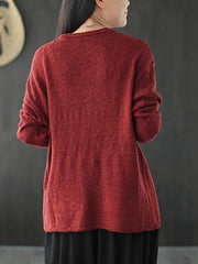 Plus Size - Women Knitted Retro Pure Color V-neck Sweater Coat