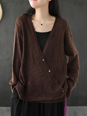 Plus Size - Women Knitted Retro Pure Color V-neck Sweater Coat