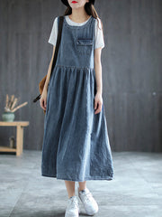 Plus Size - Denim Pleated Long Sleeveless Pinafore Dress