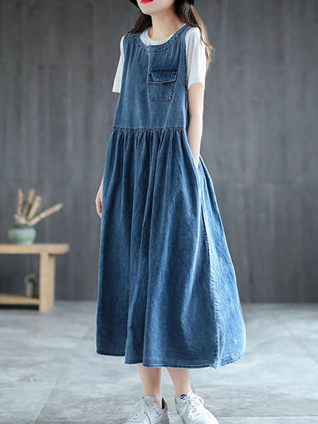 Plus Size - Denim Pleated Long Sleeveless Pinafore Dress