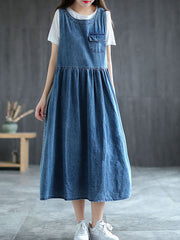 Plus Size - Denim Pleated Long Sleeveless Pinafore Dress