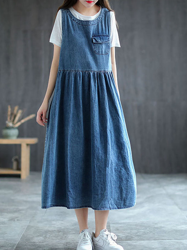 Plus Size - Denim Pleated Long Sleeveless Pinafore Dress