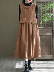 Plus Size - Corduroy Pocket Casual Sleeveless Pinafore Dress