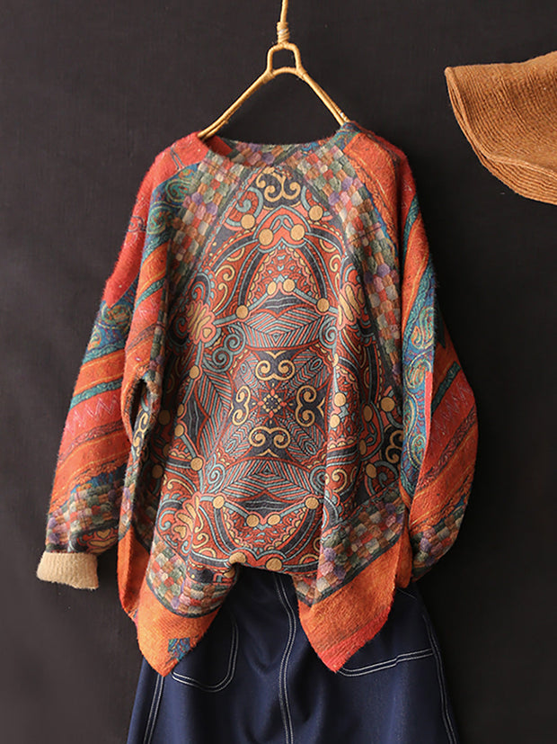 Plus Size Women Vintage Printed O Neck Long Sleeve Sweater