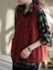 Plus Size Women Knitted Button Vest Waistcoat Sweater