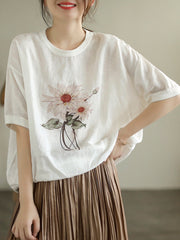 Plus Size Women Linen Casual Summer Flower Short Sleeve T-Shirt