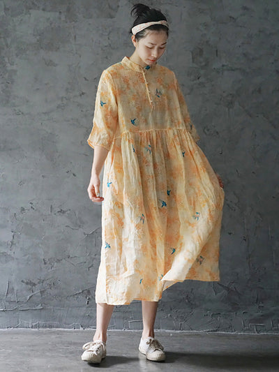 Plus Size Ramie Floral Vintage Women Summer Loose Dress